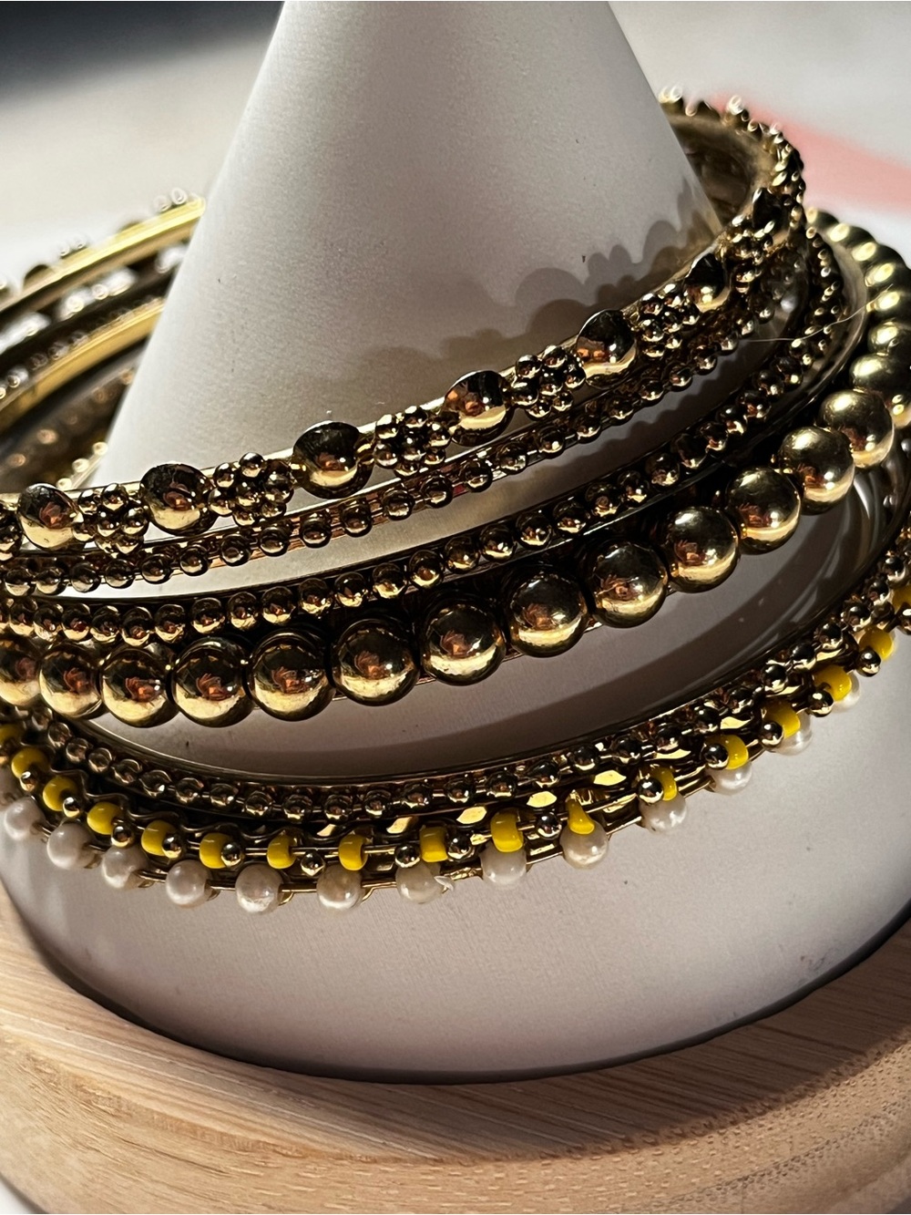 Gold Beaded Stackable Bangle Set with Yellow and White Accent